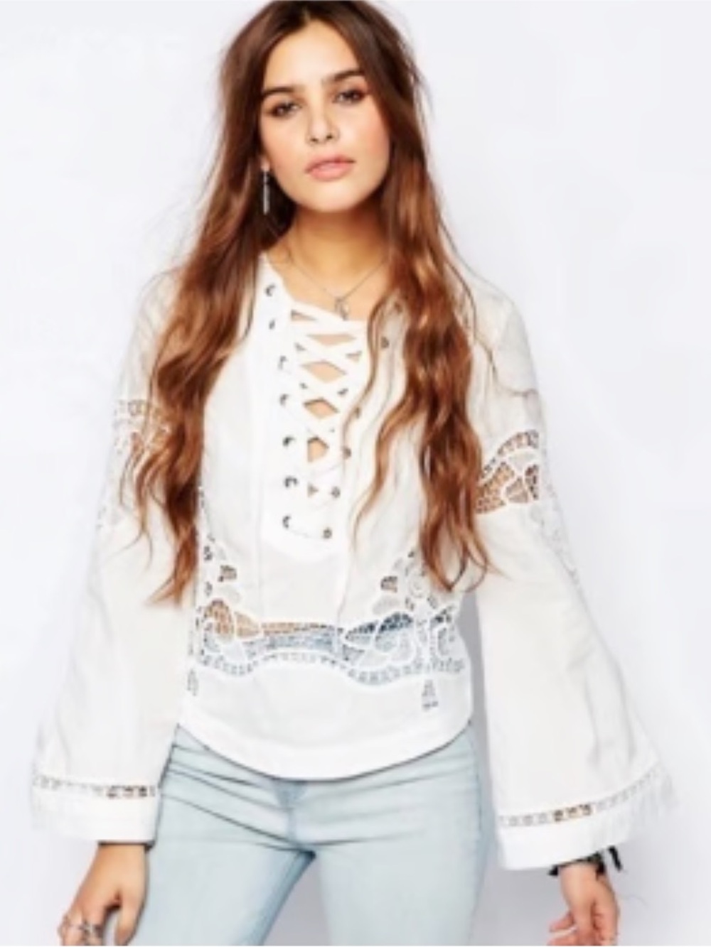 Free People White Lace-Up Crochet Peasant Blouse